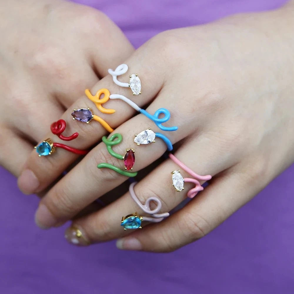 new arrival trendy colorful zirconia finger ring for women rainbow for summer enamel neon pastel jewelry
