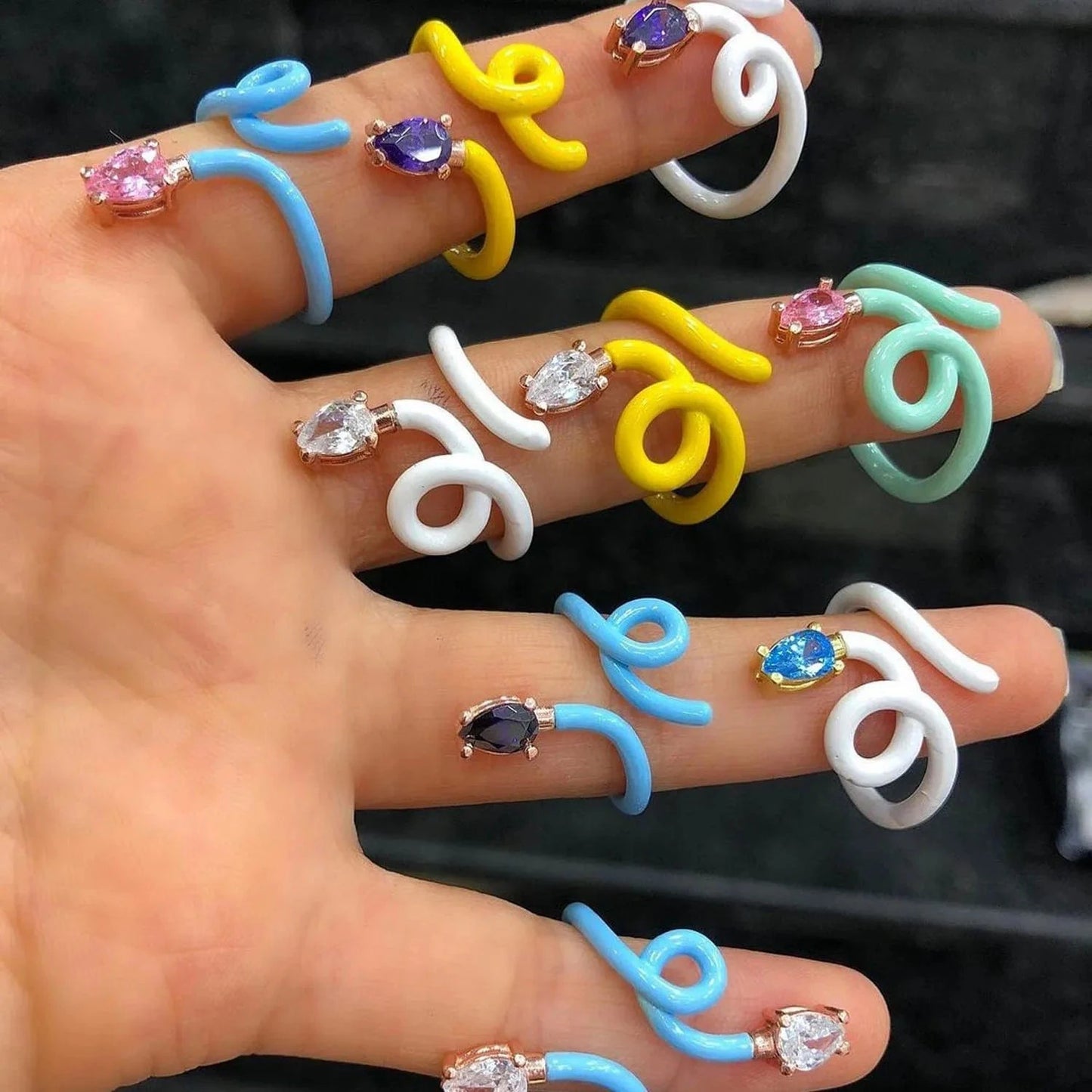 new arrival trendy colorful zirconia finger ring for women rainbow for summer enamel neon pastel jewelry