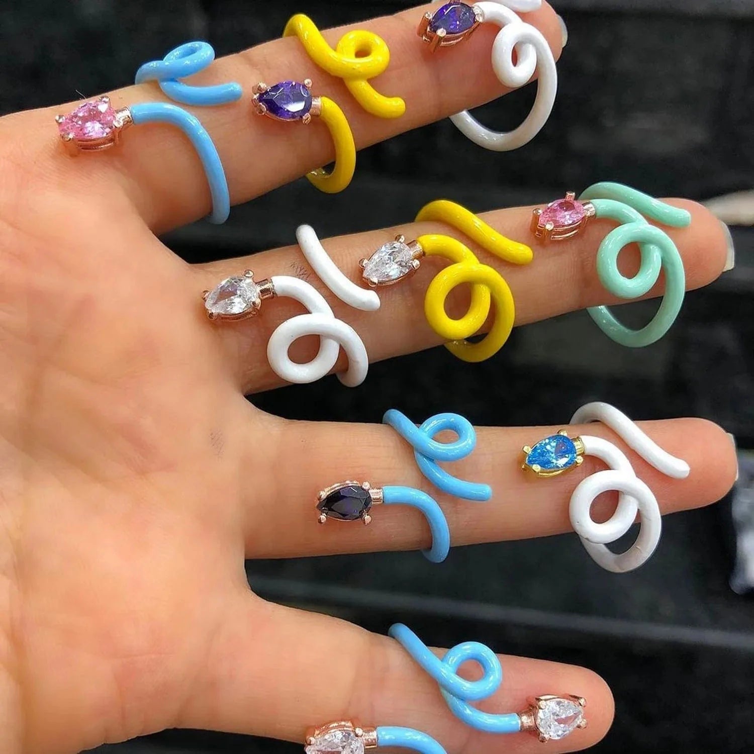 new arrival trendy colorful zirconia finger ring for women rainbow for summer enamel neon pastel jewelry