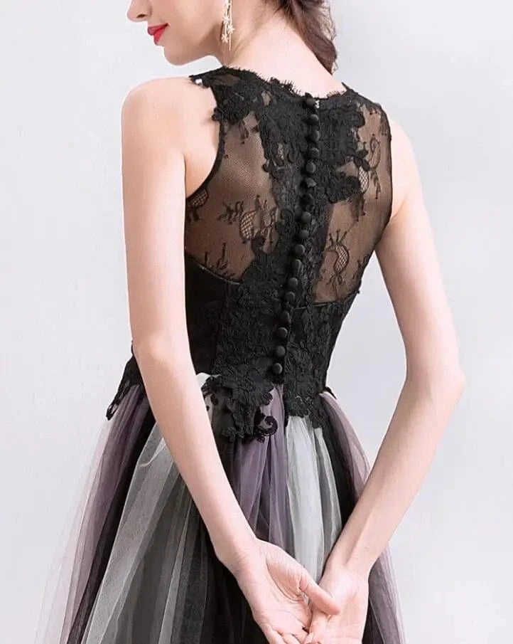 New Arrival V-neck Black Lace Tulle Woman Dresses Back Button Soild Lace Tulle Woman Dresses