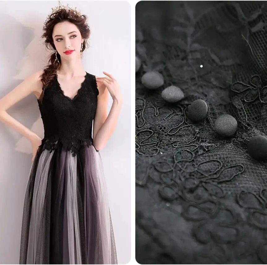 New Arrival V-neck Black Lace Tulle Woman Dresses Back Button Soild Lace Tulle Woman Dresses