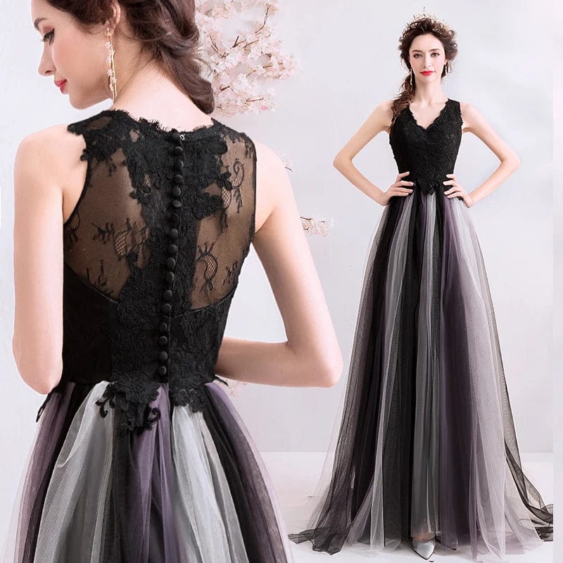 New Arrival V-neck Black Lace Tulle Woman Dresses Back Button Soild Lace Tulle Woman Dresses