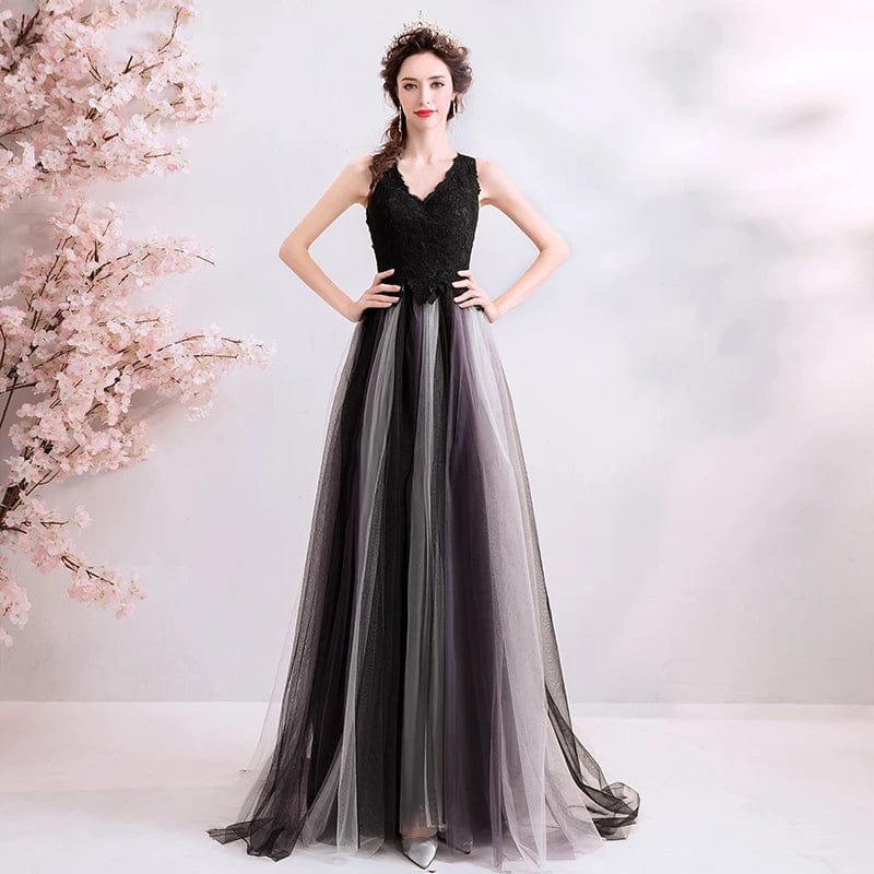 New Arrival V-neck Black Lace Tulle Woman Dresses Back Button Soild Lace Tulle Woman Dresses