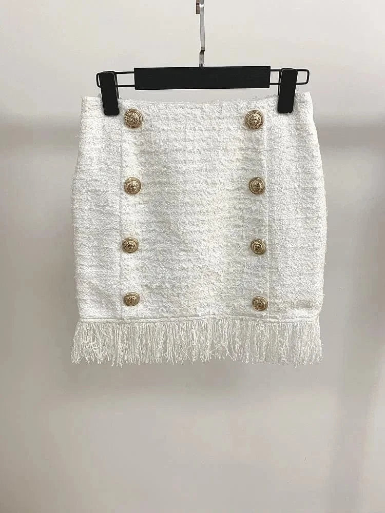 New Arrival White Tweed Blazer Coat Suit Skirt Tassel Fringes Blazer Suit Handmade Woolen Elegant Women Tweed Blazer Crop