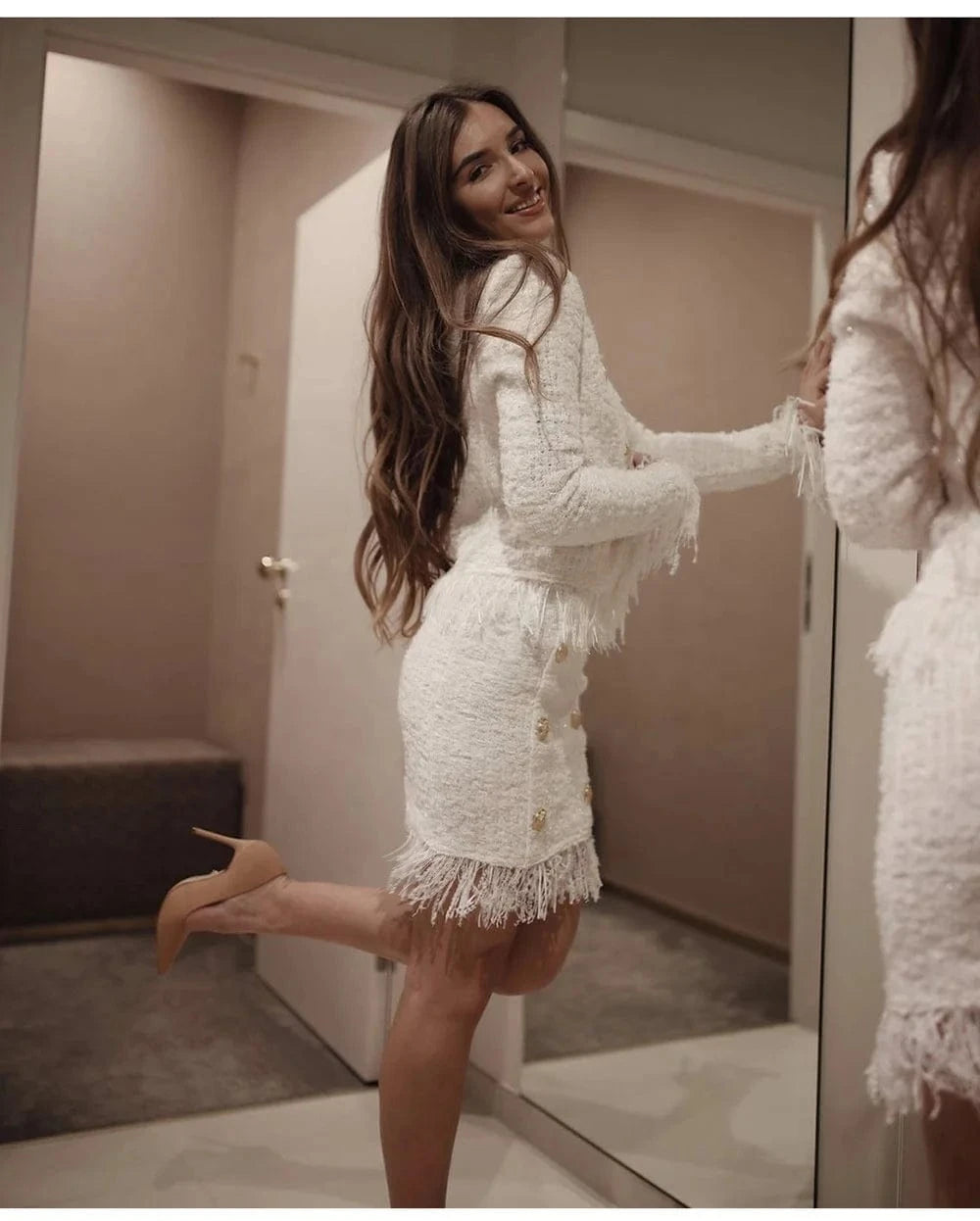 New Arrival White Tweed Blazer Coat Suit Skirt Tassel Fringes Blazer Suit Handmade Woolen Elegant Women Tweed Blazer Crop