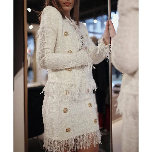 New Arrival White Tweed Blazer Coat Suit Skirt Tassel Fringes Blazer Suit Handmade Woolen Elegant Women Tweed Blazer Crop