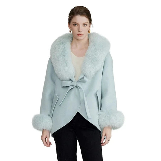 New Arrival Winter Cashmere Coat Women Sheep Wool Coat with Real Fox Fur Collar Cuff