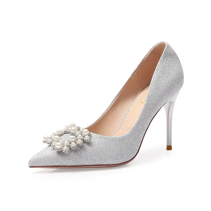 New Arrival Women Pumps Fashion Point Toe Pearls Buckle Stiletto Wedding High Heel Pumps for Ladies