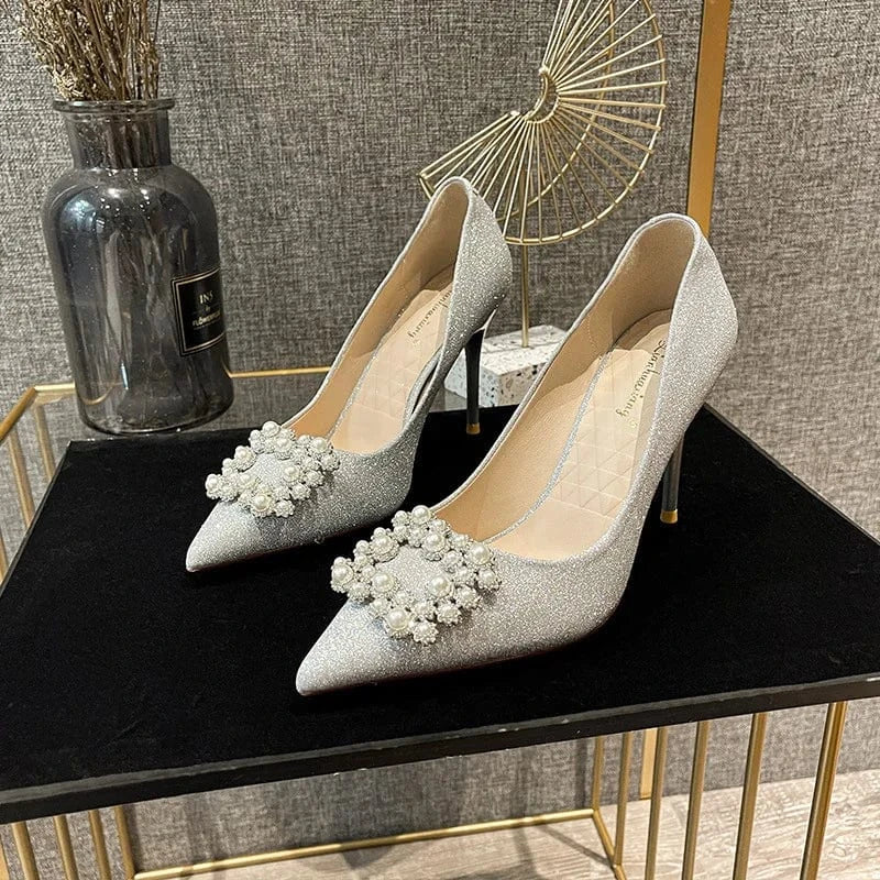 New Arrival Women Pumps Fashion Point Toe Pearls Buckle Stiletto Wedding High Heel Pumps for Ladies