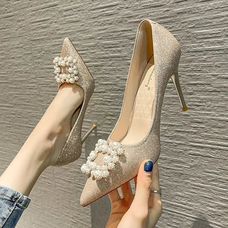 New Arrival Women Pumps Fashion Point Toe Pearls Buckle Stiletto Wedding High Heel Pumps for Ladies