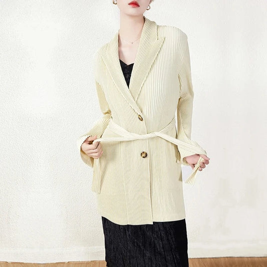 New Arrivals 2024 Japan Miyake Polyester Blazer Belted Single Breasted Pleated Woman Blazer Jacket