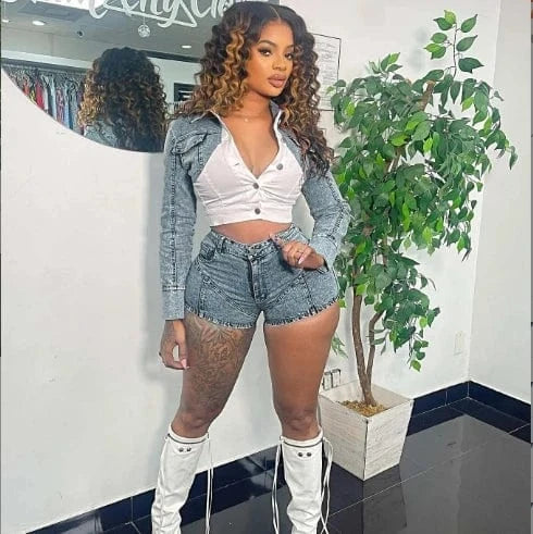 New arrivals 2024 spring boutique S-2XL denim jeans patchwork jackets two piece shorts set