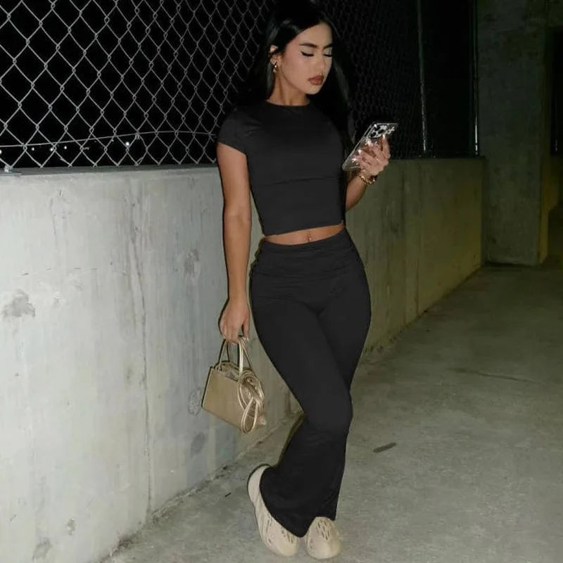 New arrivals 2024 summer boutique trendy short sleeve casual stretchy two piece pants set