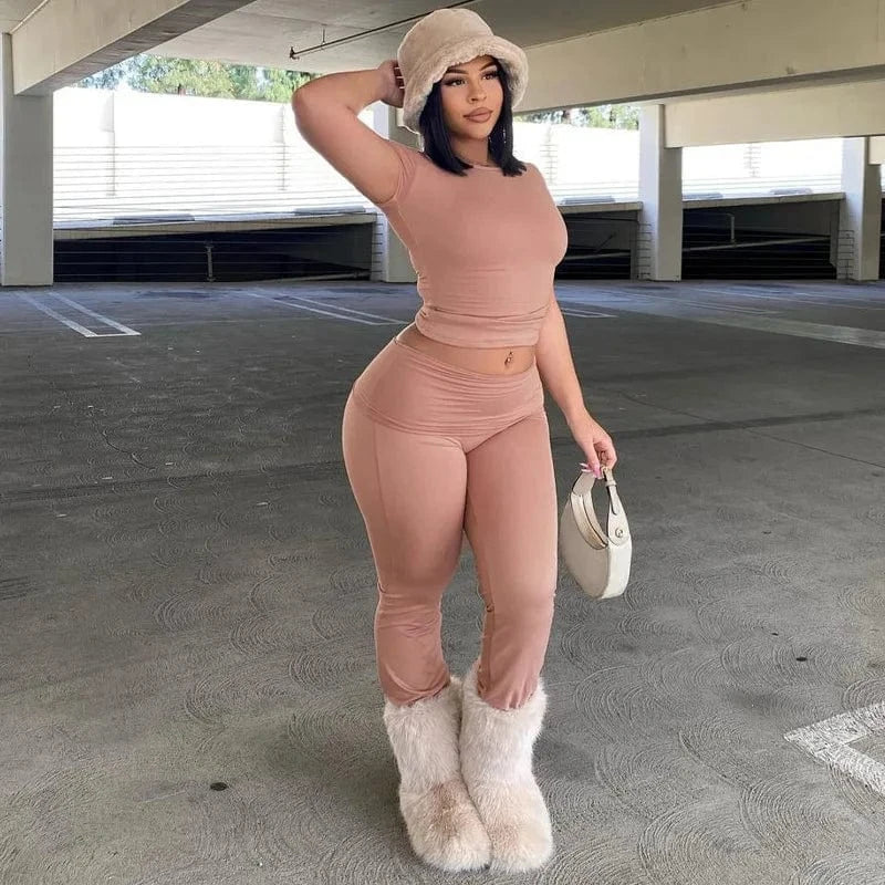 New arrivals 2024 summer boutique trendy short sleeve casual stretchy two piece pants set