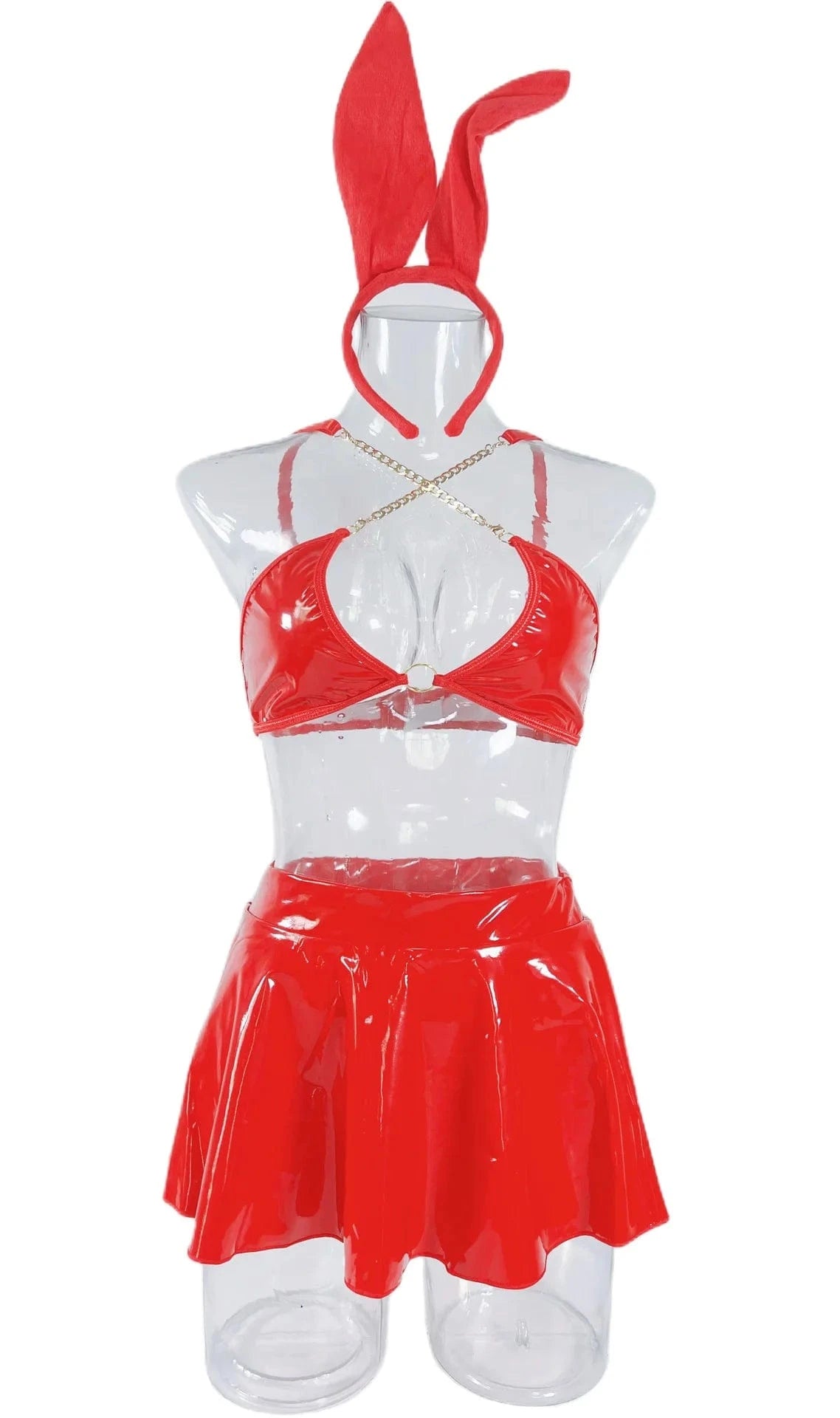 New Arrivals Bra Set Sexy Underwear Solid Color PU Leather Uniform Rabbit Ear Headband Sexy Two Piece Set Metal Chain Nightclub