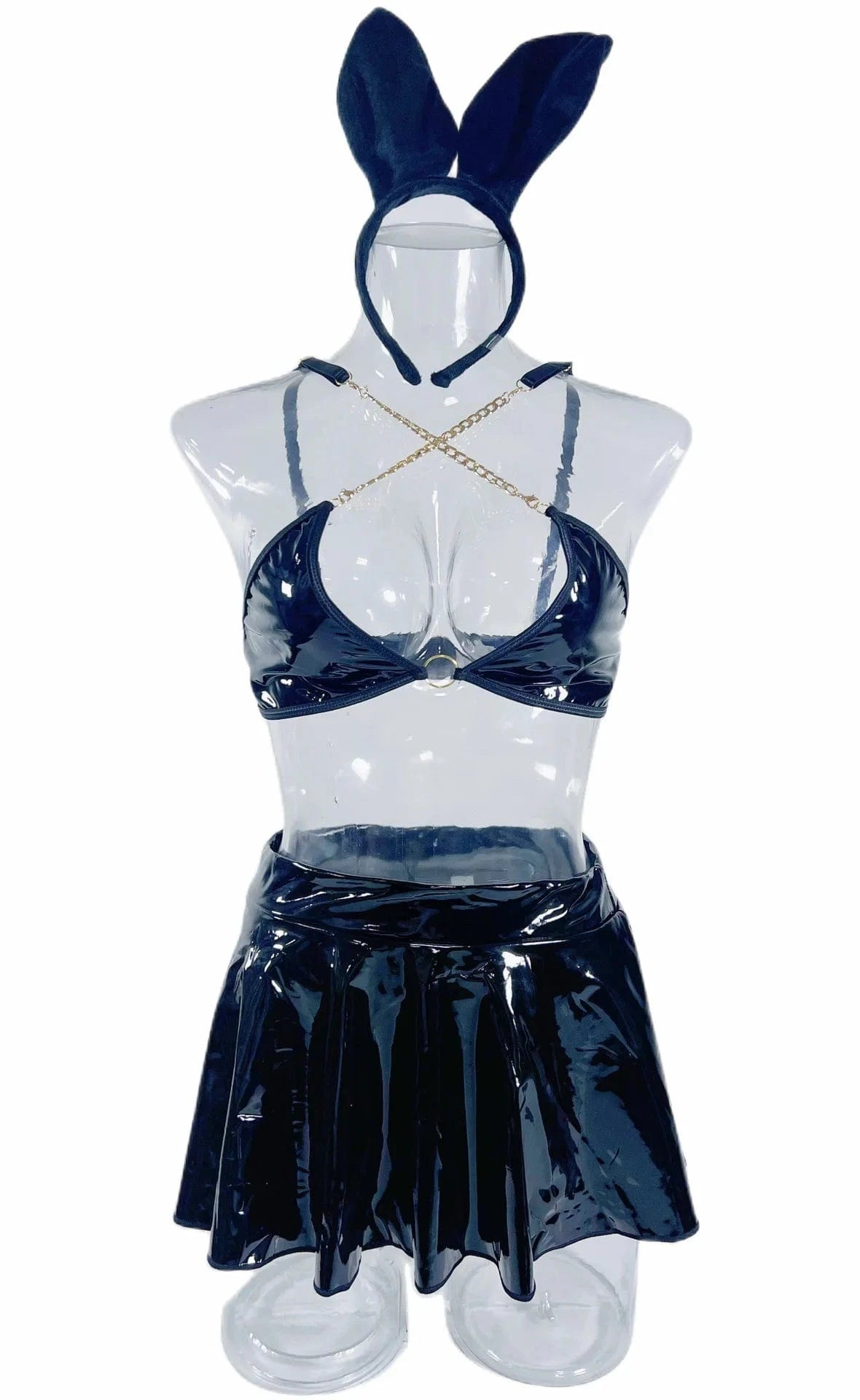 New Arrivals Bra Set Sexy Underwear Solid Color PU Leather Uniform Rabbit Ear Headband Sexy Two Piece Set Metal Chain Nightclub