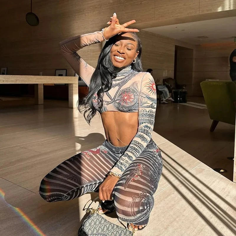 New arrivals factory 2024 spring boutique lounge wear mesh see through two piece pants set