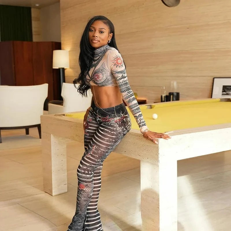 New arrivals factory 2024 spring boutique lounge wear mesh see through two piece pants set