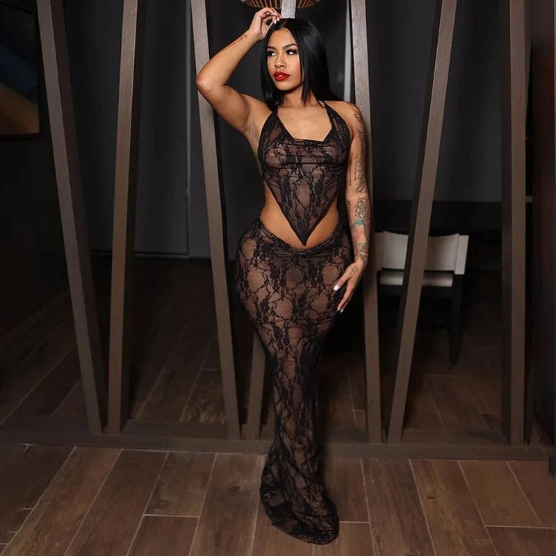 New arrivals fashion design beachwear maxi dresses lace sexy summer two piece skirt set