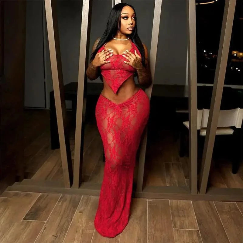 New arrivals fashion design beachwear maxi dresses lace sexy summer two piece skirt set