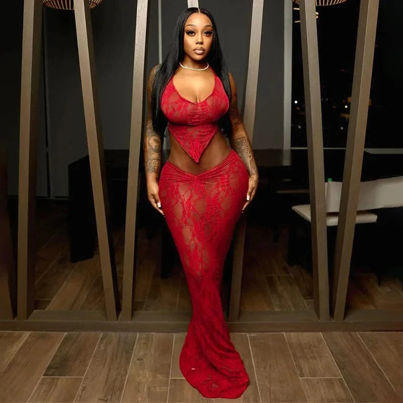 New arrivals fashion design beachwear maxi dresses lace sexy summer two piece skirt set