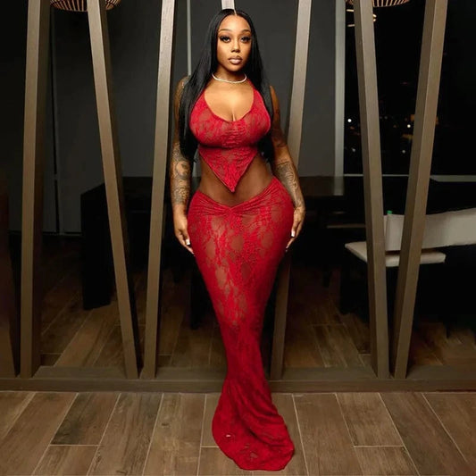 New arrivals fashion design beachwear maxi dresses lace sexy summer two piece skirt set