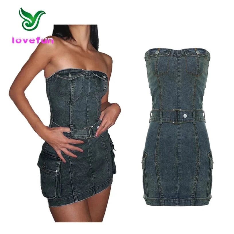 New Arrivals Fashion Sleeveless Denim Dress Sexy Strapless Waisted Dress Streetwear Multi Pocket Cargo Dresses