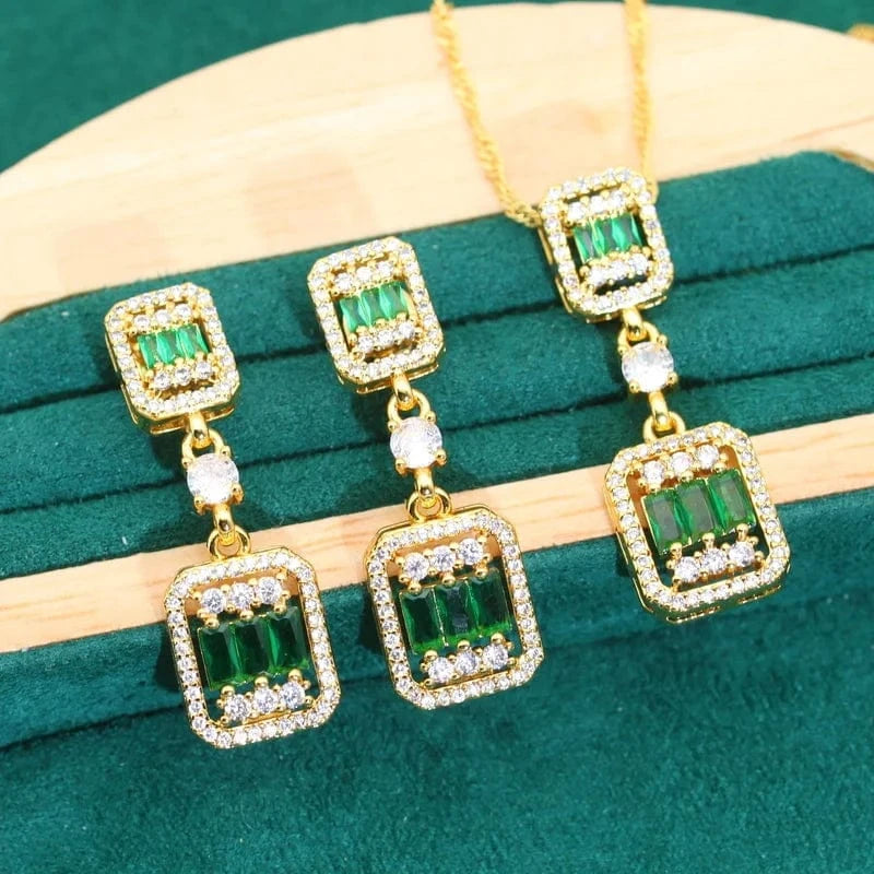 New Arrivals Gold Color Wedding Jewelry Sets for Women Green Zircon Bracelet Earrings Necklace Pendant Ring Halloween Gift
