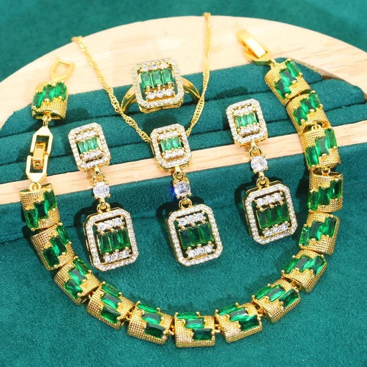 New Arrivals Gold Color Wedding Jewelry Sets for Women Green Zircon Bracelet Earrings Necklace Pendant Ring Halloween Gift