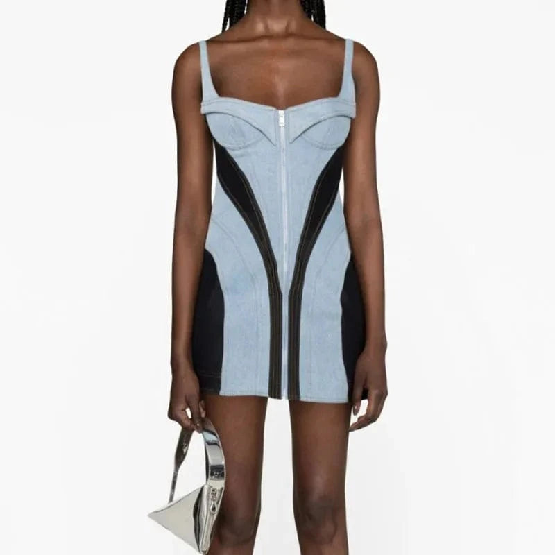 New Arrivals Multi Color Sling Sleeveless Dress Sexy Strapless Mini Dress Patchwork Denim Bodycon Dresses