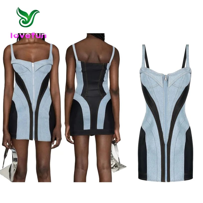 New Arrivals Multi Color Sling Sleeveless Dress Sexy Strapless Mini Dress Patchwork Denim Bodycon Dresses