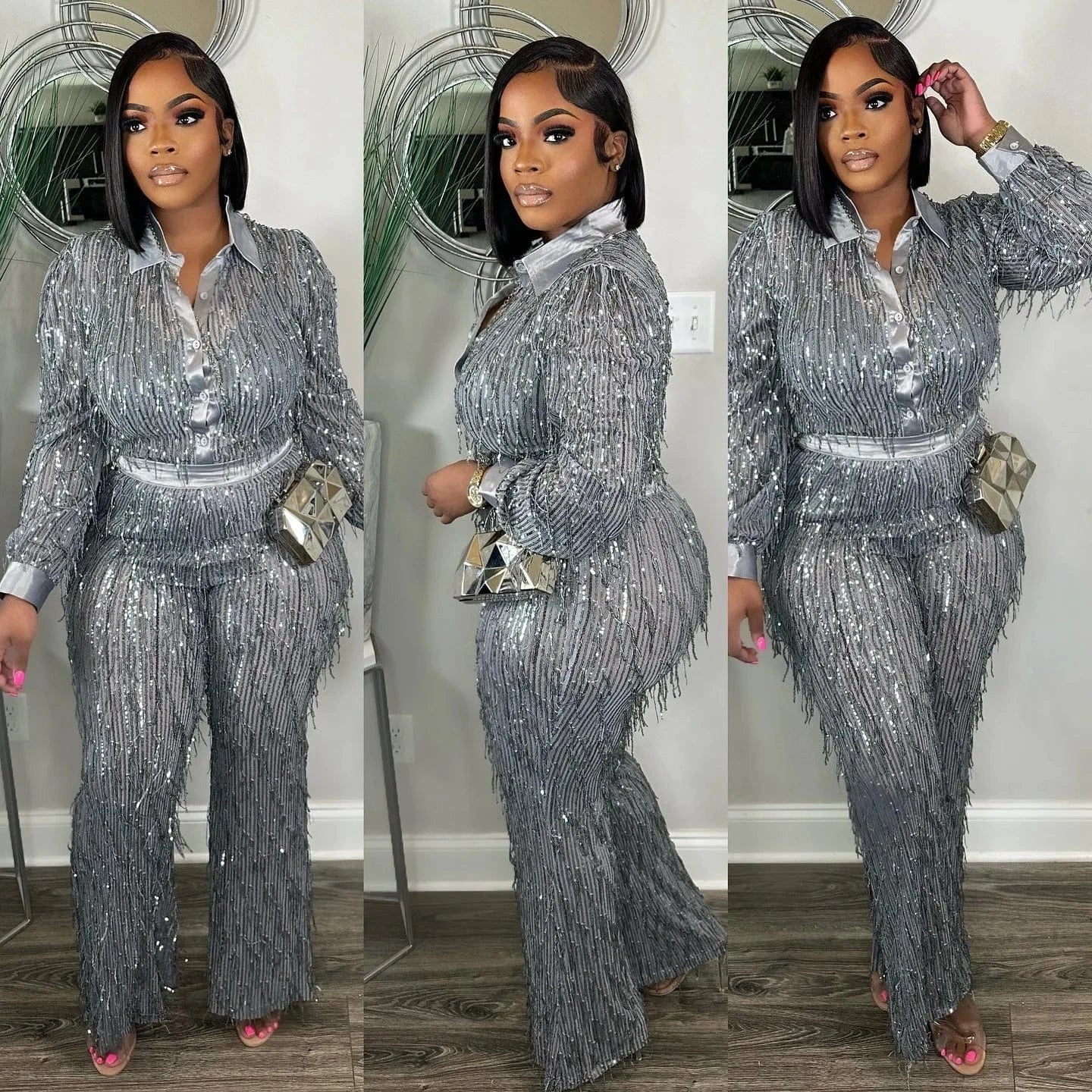 New arrivals ready to ship boutique trendy popular tassel sequin blouses two piece pants set