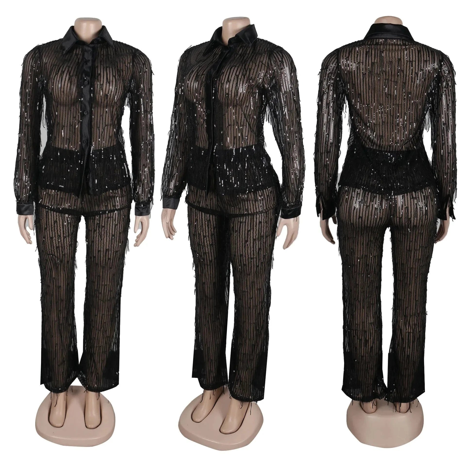 New arrivals ready to ship boutique trendy popular tassel sequin blouses two piece pants set