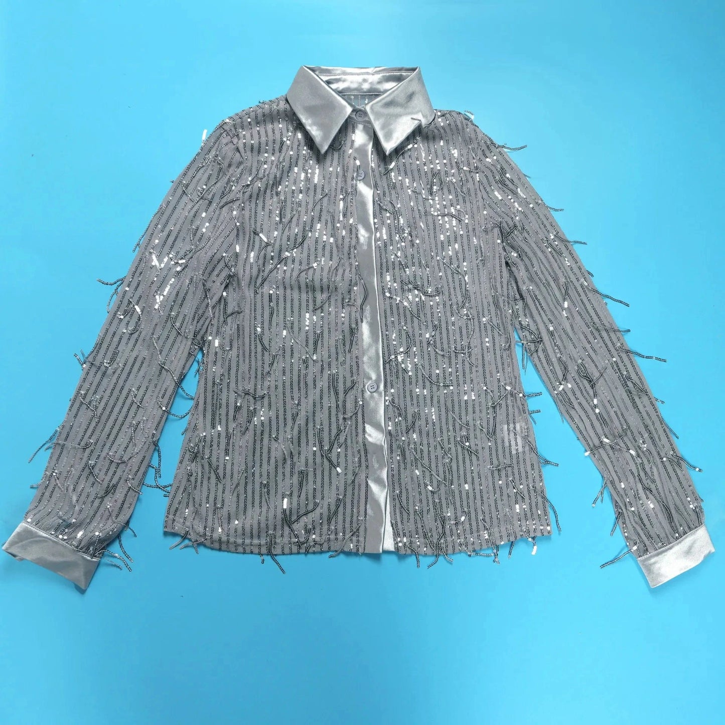 New arrivals ready to ship boutique trendy popular tassel sequin blouses two piece pants set