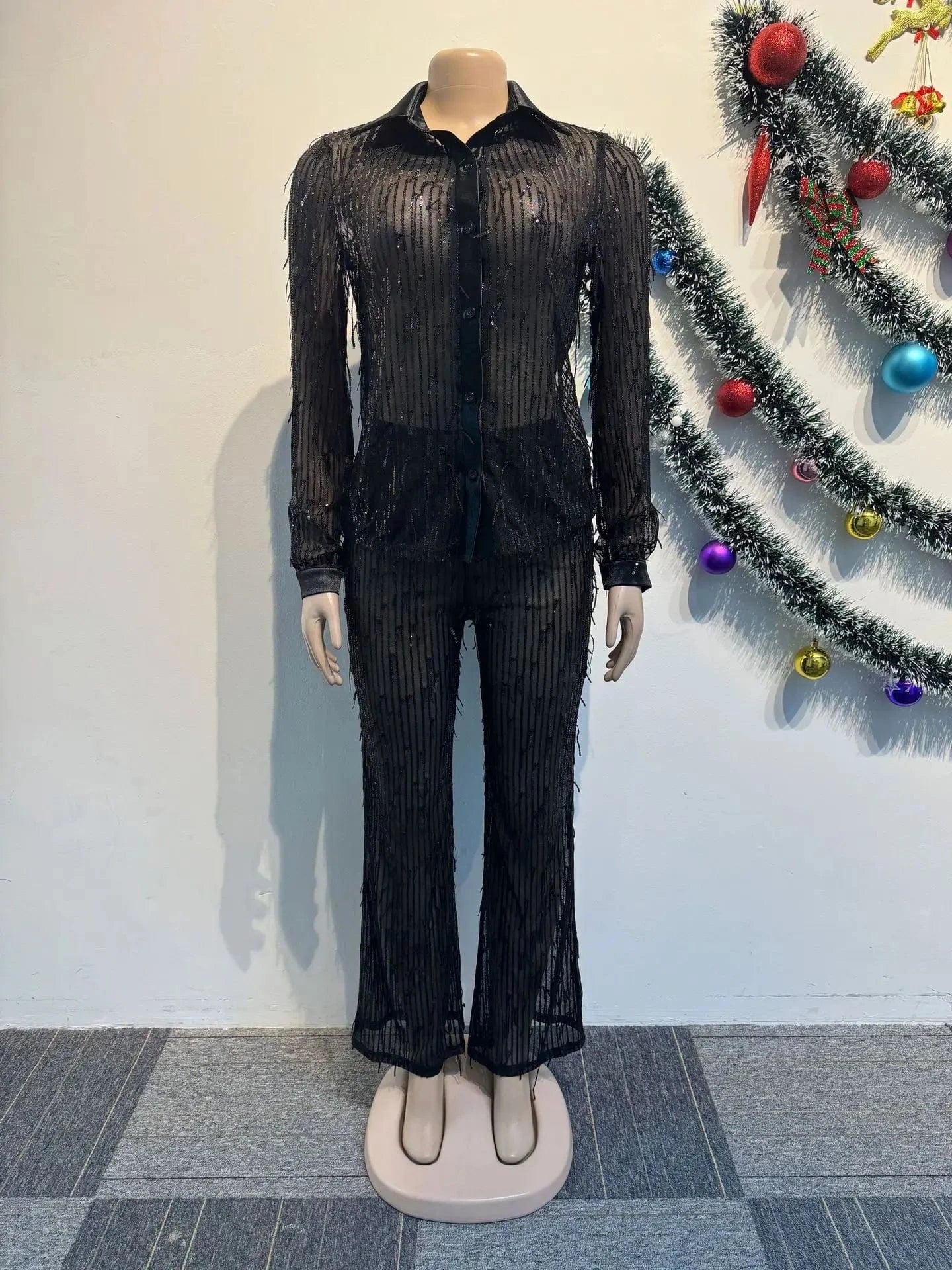 New arrivals ready to ship boutique trendy popular tassel sequin blouses two piece pants set