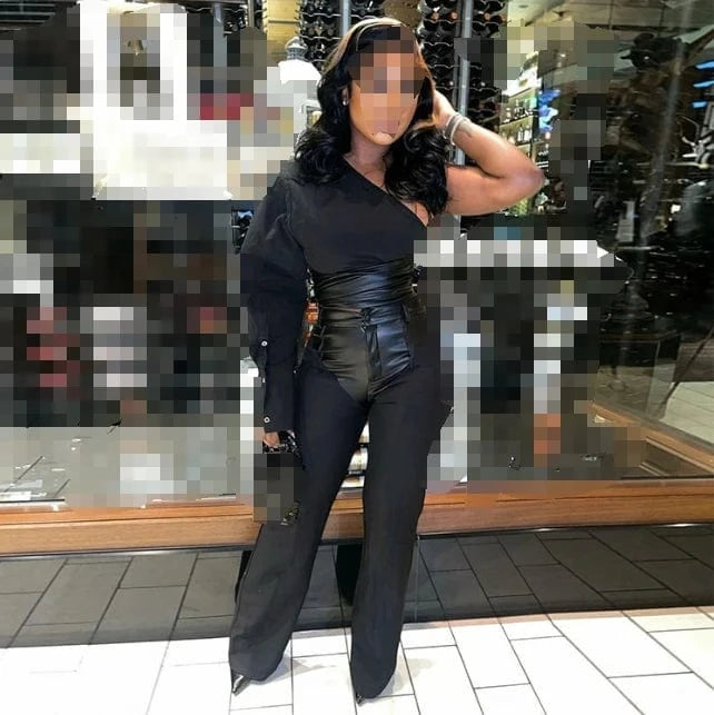 New Arrivals Single Sleeve 2 Piece Pants Set Patchwork Pu Leather Women's Set One Shoulder Crop Top Two Piece Set