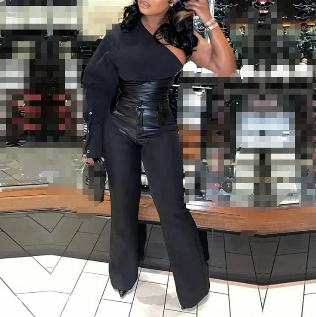 New Arrivals Single Sleeve 2 Piece Pants Set Patchwork Pu Leather Women's Set One Shoulder Crop Top Two Piece Set