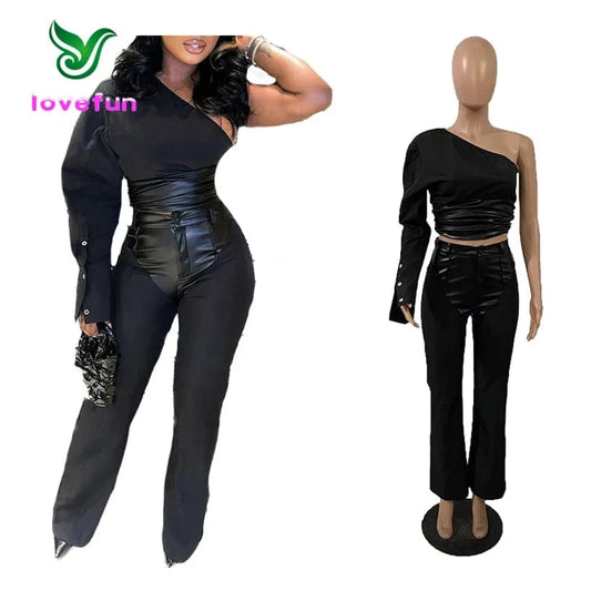 New Arrivals Single Sleeve 2 Piece Pants Set Patchwork Pu Leather Women's Set One Shoulder Crop Top Two Piece Set