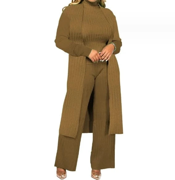 New Arrivals Solid Stretch Pit Stripe Women's Set Turtleneck Tops And Wide Leg Pants Set Long Cardigan 3 Piece Set