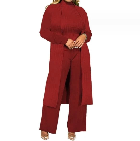New Arrivals Solid Stretch Pit Stripe Women's Set Turtleneck Tops And Wide Leg Pants Set Long Cardigan 3 Piece Set