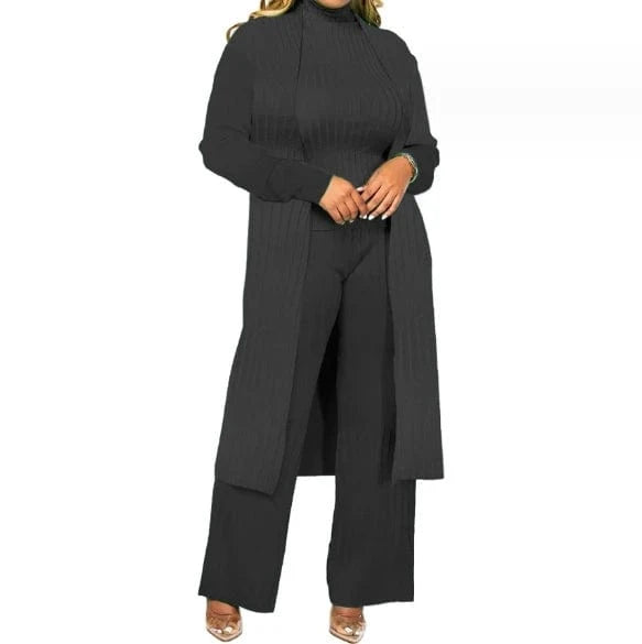 New Arrivals Solid Stretch Pit Stripe Women's Set Turtleneck Tops And Wide Leg Pants Set Long Cardigan 3 Piece Set