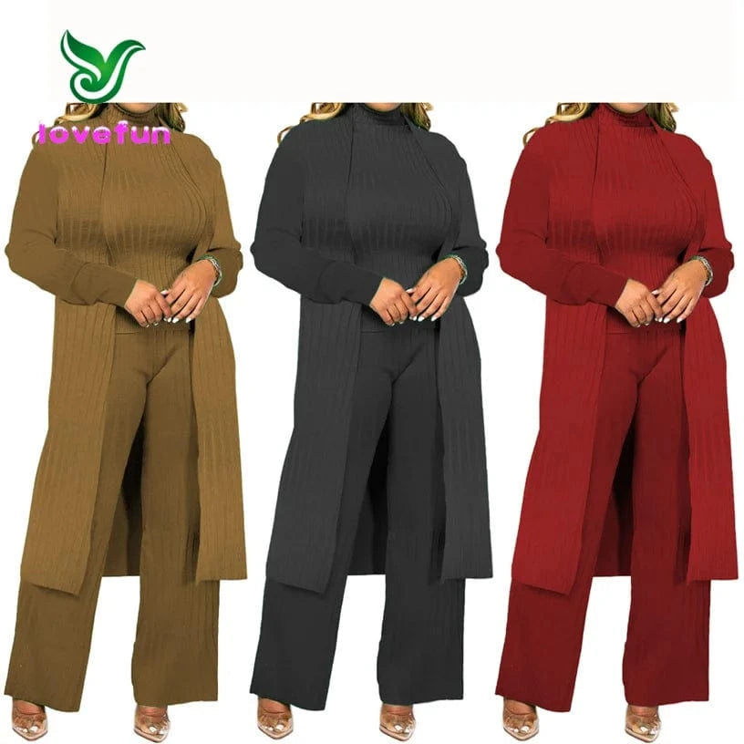 New Arrivals Solid Stretch Pit Stripe Women's Set Turtleneck Tops And Wide Leg Pants Set Long Cardigan 3 Piece Set