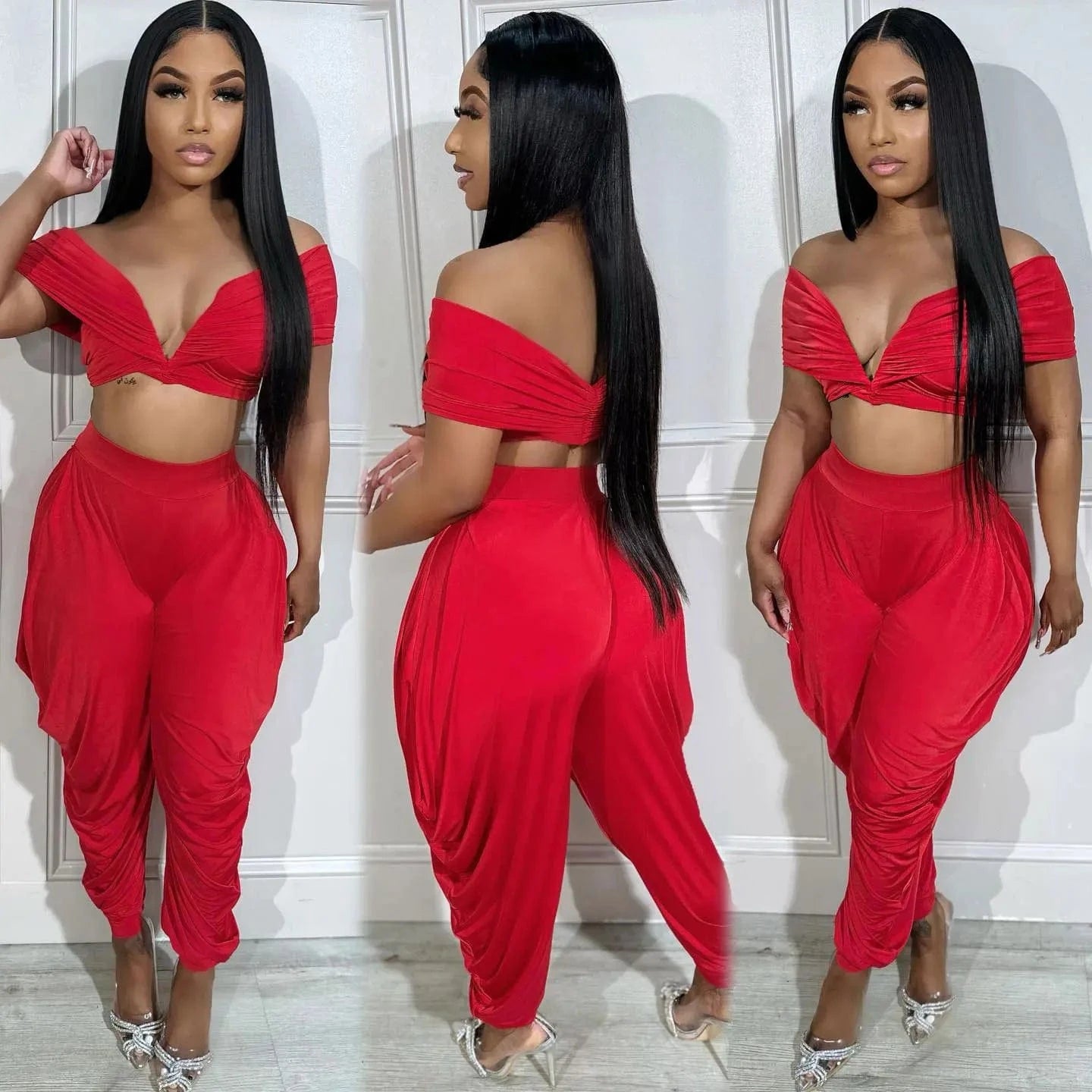 New arrivals summer 2024 S-2XL boutique fashion design ruched v neck two piece pants set