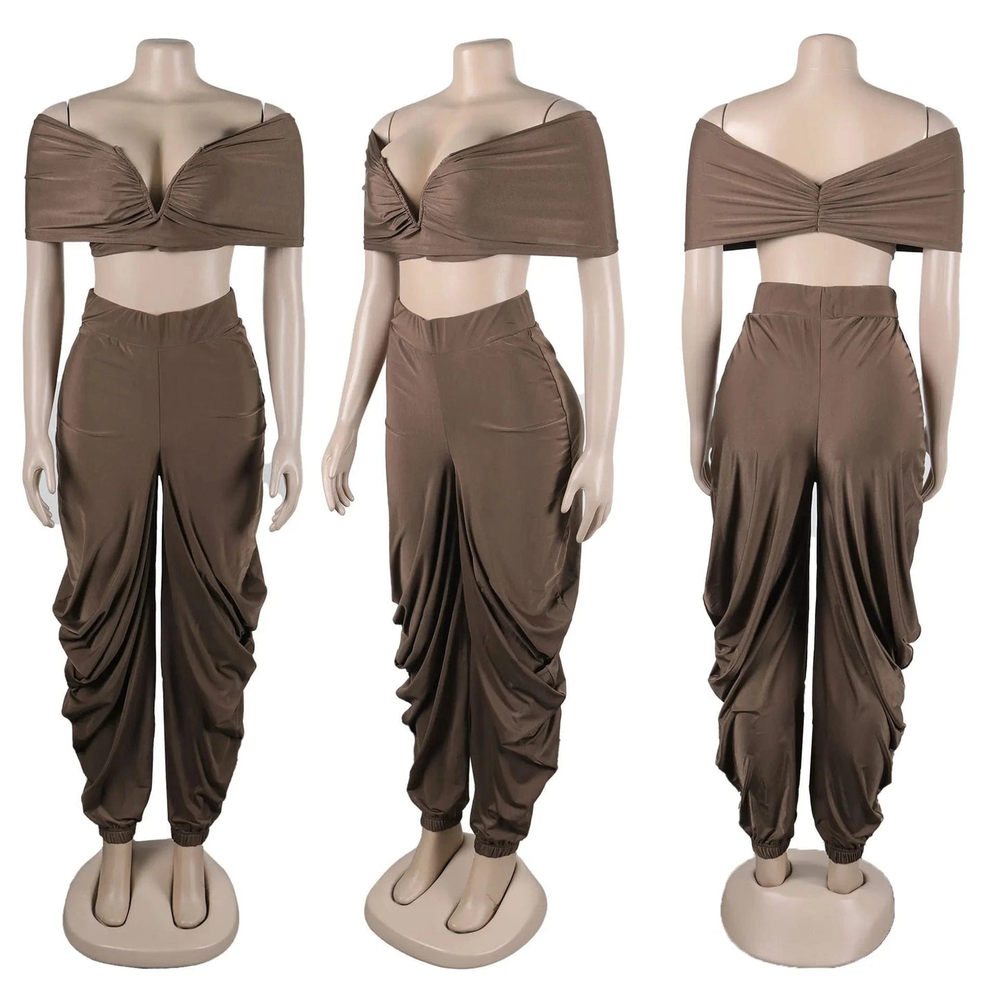 New arrivals summer 2024 S-2XL boutique fashion design ruched v neck two piece pants set