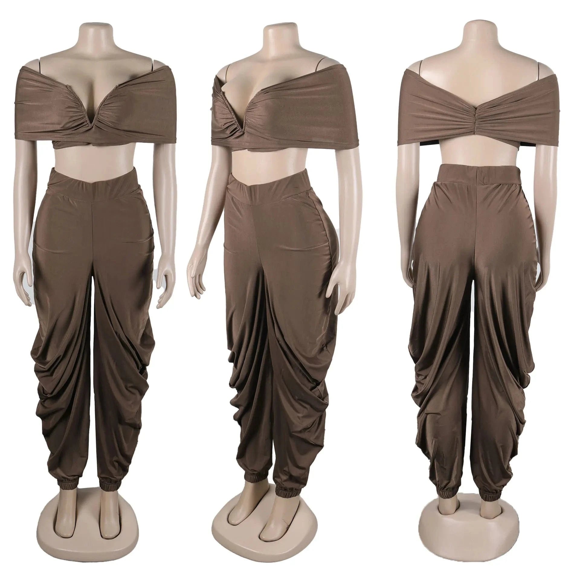 New arrivals summer 2024 S-2XL boutique fashion design ruched v neck two piece pants set