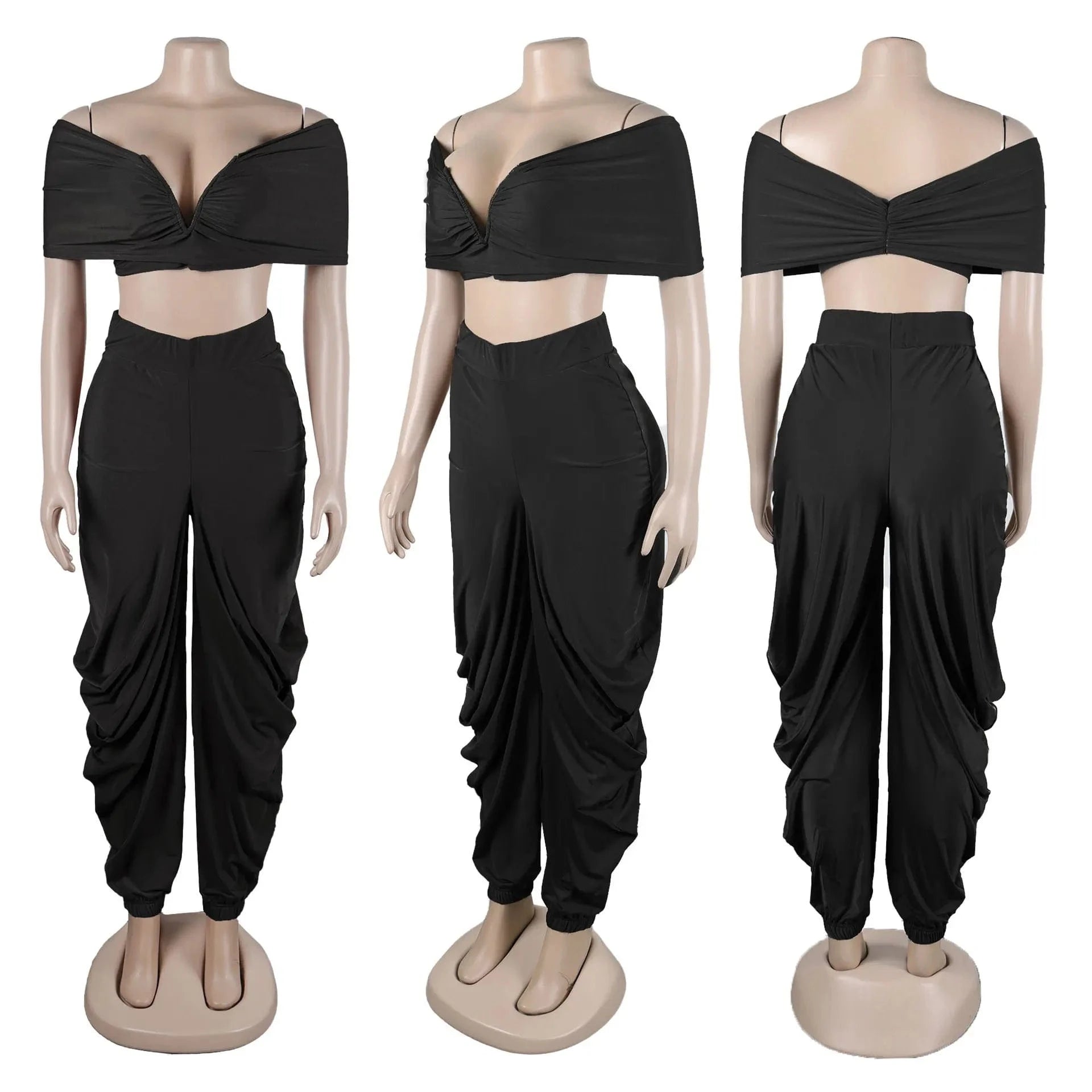 New arrivals summer 2024 S-2XL boutique fashion design ruched v neck two piece pants set