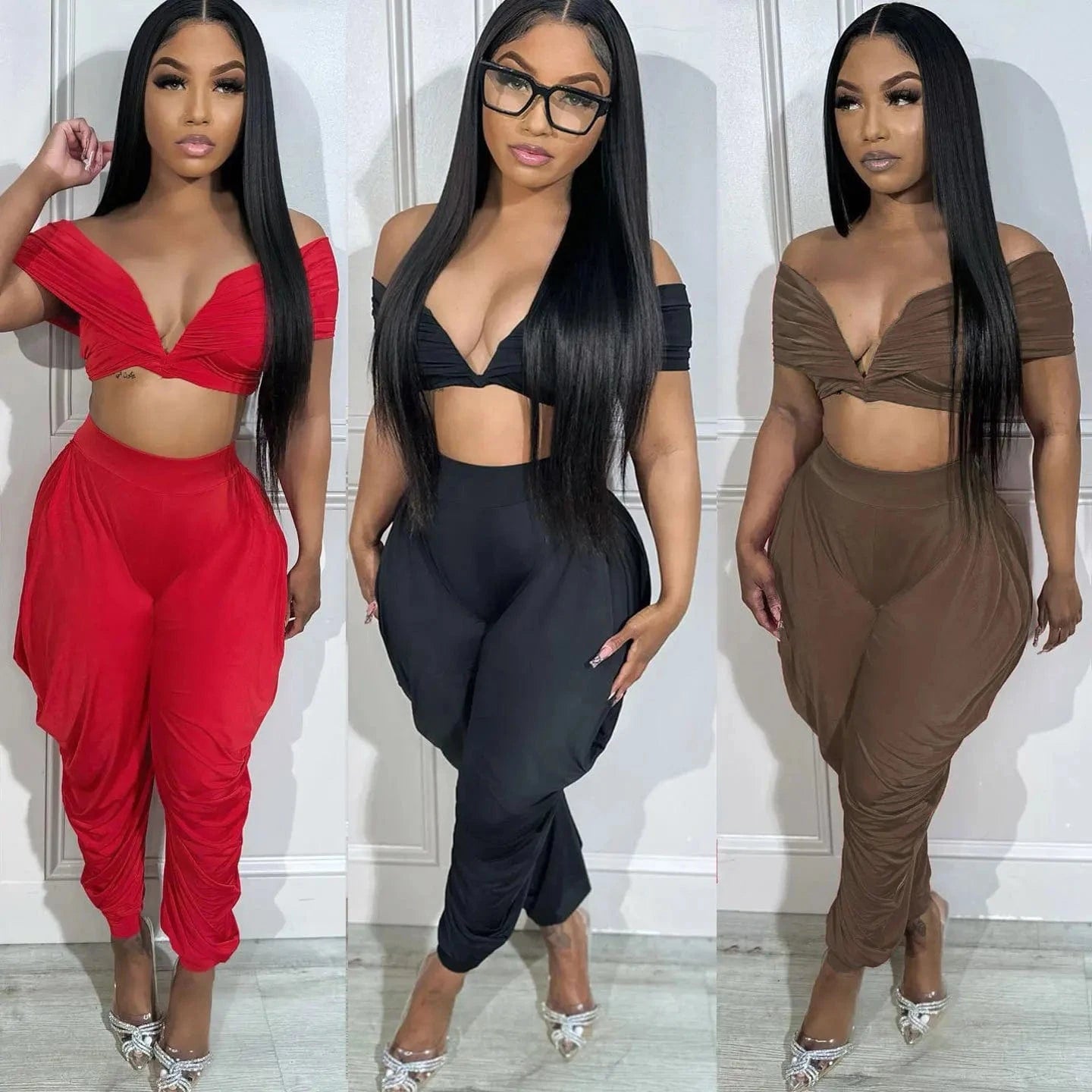 New arrivals summer 2024 S-2XL boutique fashion design ruched v neck two piece pants set
