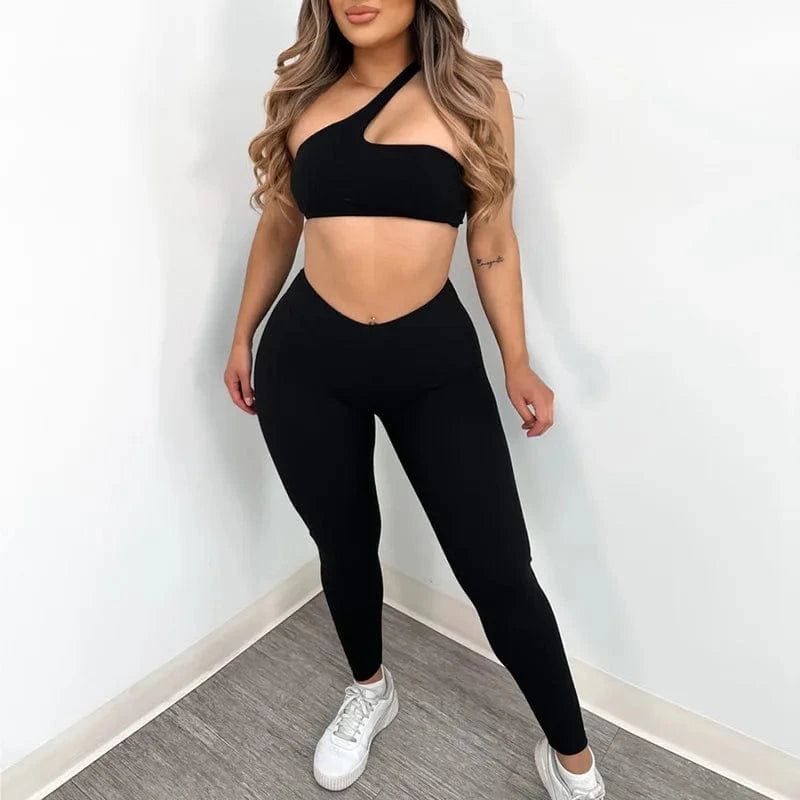 New arrivals summer boutique trendy one shoulder yoga gym jogging wear two piece pants set