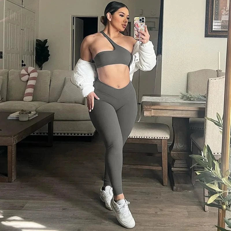 New arrivals summer boutique trendy one shoulder yoga gym jogging wear two piece pants set