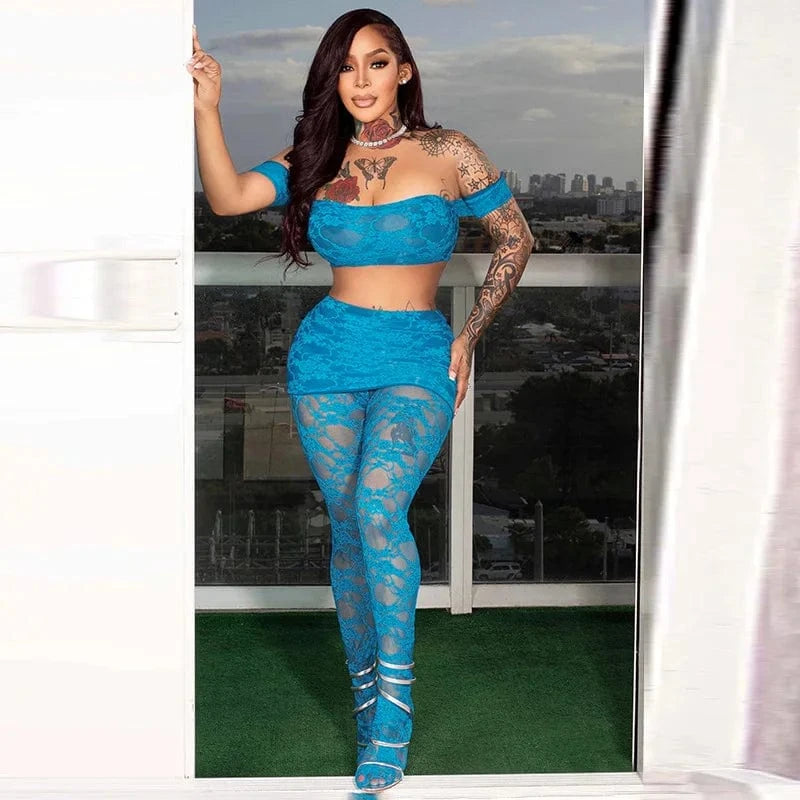 New arrivals wholesale 2024 hot sexy mesh hollow out boutique lace two piece pants set